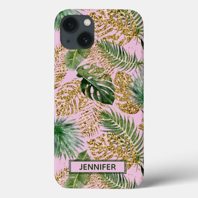 Tropical Pink Green Palm Leaves Gold Glitter Name Case-Mate iPhone Case (Back)