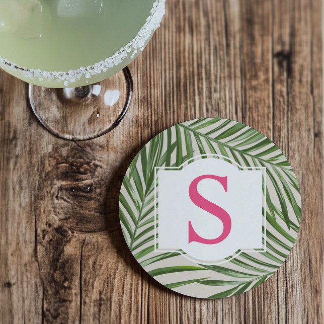Tropical Pink Green Palm Leaves Monogram Initial Coaster (Creator Uploaded)