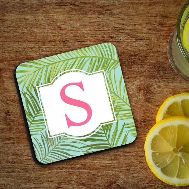Tropical Pink Green Palm Leaves Monogram Initial Coaster (Creator Uploaded)