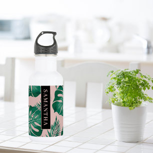 Tropical Pink & Green Palm Leaves Pattern & Name 532 Ml Water Bottle