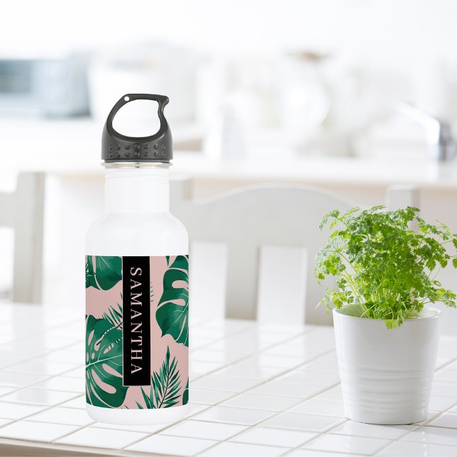 Tropical Pink & Green Palm Leaves Pattern & Name 532 Ml Water Bottle (Creator Uploaded)