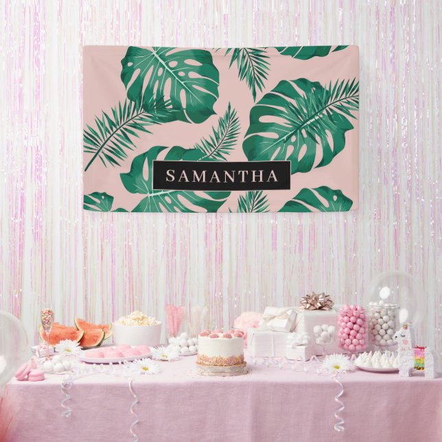 Tropical Pink & Green Palm Leaves Pattern & Name Banner (Party)