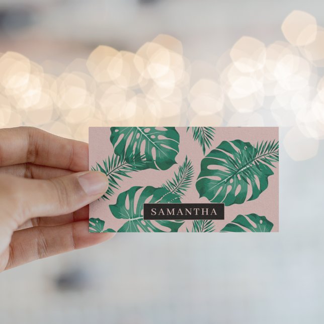Tropical Pink & Green Palm Leaves Pattern & Name Business Card (Creator Uploaded)