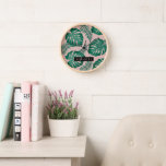 Tropical Pink & Green Palm Leaves Pattern & Name Clock<br><div class="desc">Tropical Pink & Green Palm Leaves Pattern & Name</div>