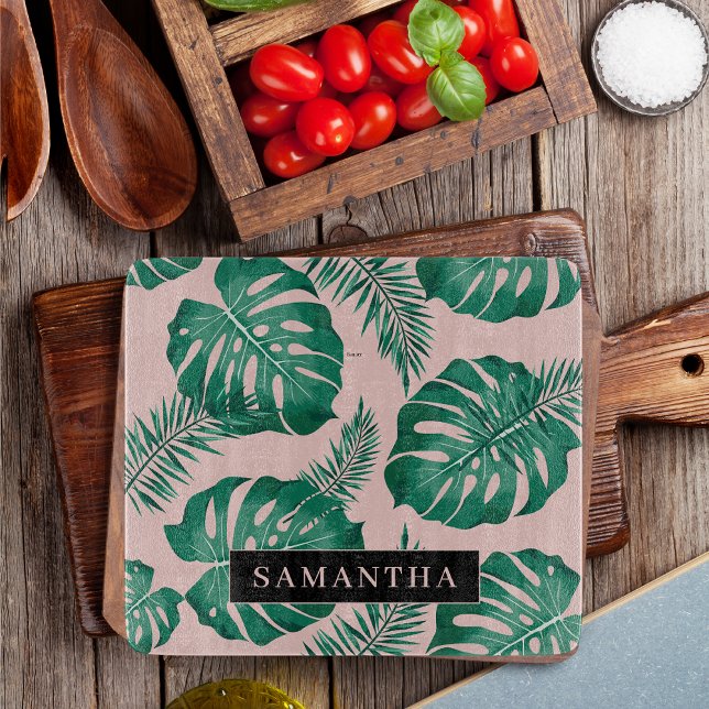Tropical Pink &amp; Green Palm Leaves Pattern &amp; Name Cutting Board (Creator Uploaded)