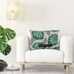 Tropical Pink & Green Palm Leaves Pattern & Name Decorative Cushion<br><div class="desc">The Tropical Pink & Green Palm Leaves pattern is a vibrant and lively design that incorporates elements of nature and a tropical aesthetic. The pattern features lush palm leaves in shades of pink and green, creating a striking contrast and an overall eye-catching appearance.Overall, the Tropical Pink & Green Palm Leaves...</div>