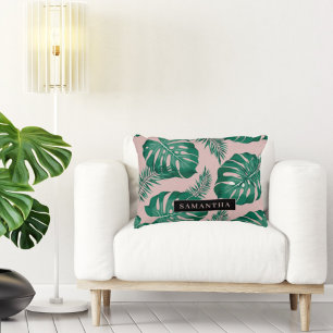 Tropical Pink & Green Palm Leaves Pattern & Name Decorative Cushion