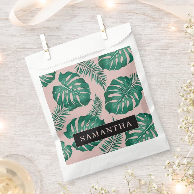 Tropical Pink & Green Palm Leaves Pattern & Name Favour Bag (Clipped)