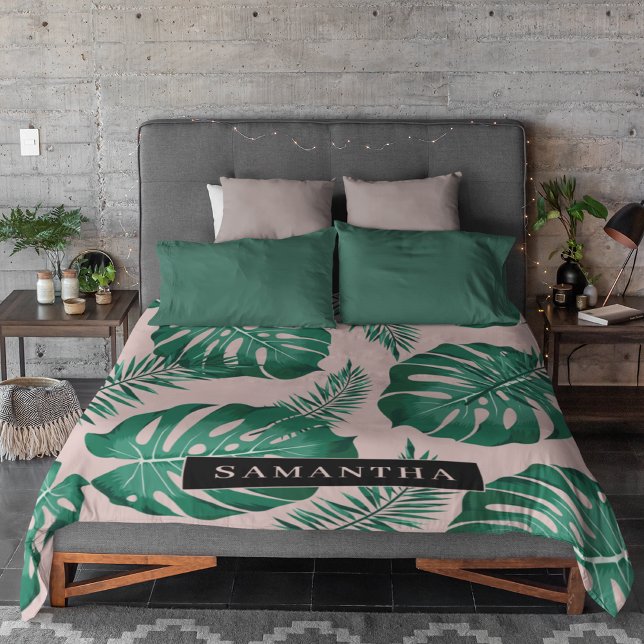 Tropical Pink & Green Palm Leaves Pattern & Name Fleece Blanket (Creator Uploaded)