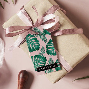 Tropical Pink & Green Palm Leaves Pattern & Name Gift Tags
