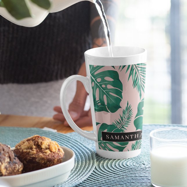 Tropical Pink & Green Palm Leaves Pattern & Name Latte Mug (Creator Uploaded)