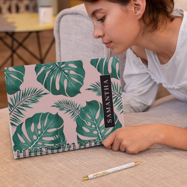 Tropical Pink & Green Palm Leaves Pattern & Name Notebook (Creator Uploaded)