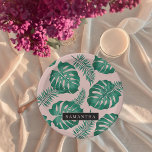 Tropical Pink & Green Palm Leaves Pattern & Name Paper Plate<br><div class="desc">The Tropical Pink & Green Palm Leaves pattern is a vibrant and lively design that incorporates elements of nature and a tropical aesthetic. The pattern features lush palm leaves in shades of pink and green, creating a striking contrast and an overall eye-catching appearance.Overall, the Tropical Pink & Green Palm Leaves...</div>