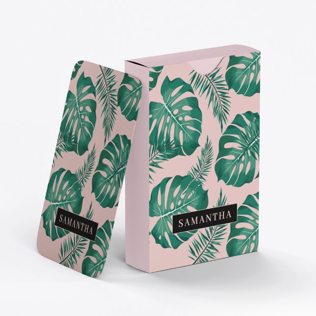 Tropical Pink & Green Palm Leaves Pattern & Name Playing Cards (Creator Uploaded)
