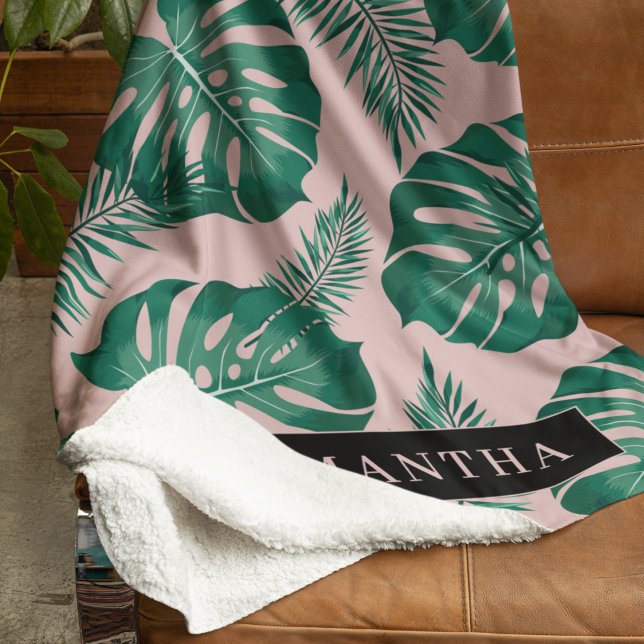 Tropical Pink & Green Palm Leaves Pattern & Name Sherpa Blanket (Creator Uploaded)