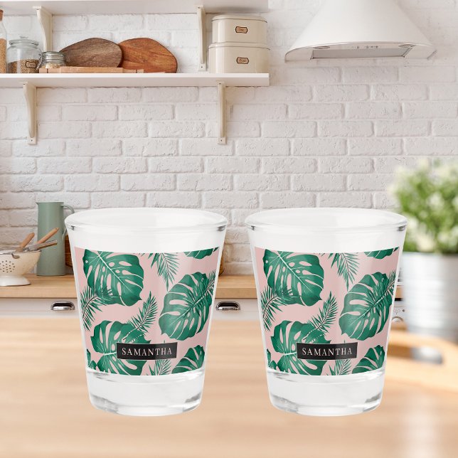 Tropical Pink & Green Palm Leaves Pattern & Name Shot Glass (Creator Uploaded)