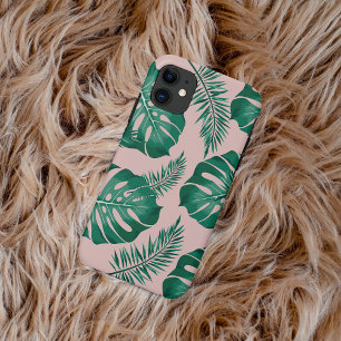 Tropical Pink & Green Palm Leaves Seamless Pattern