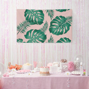 Tropical Pink & Green Palm Leaves Seamless Pattern Banner