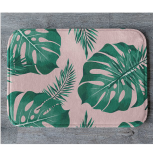 Tropical Pink & Green Palm Leaves Seamless Pattern Bath Mat