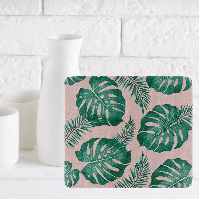 Tropical Pink & Green Palm Leaves Seamless Pattern Cutting Board (Creator Uploaded)