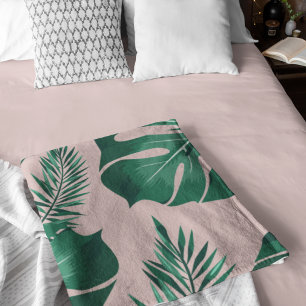 Tropical Pink & Green Palm Leaves Seamless Pattern Sherpa Blanket