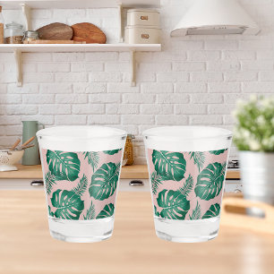 Tropical Pink & Green Palm Leaves Seamless Pattern Shot Glass