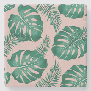 Tropical Pink & Green Palm Leaves Seamless Pattern Stone Coaster