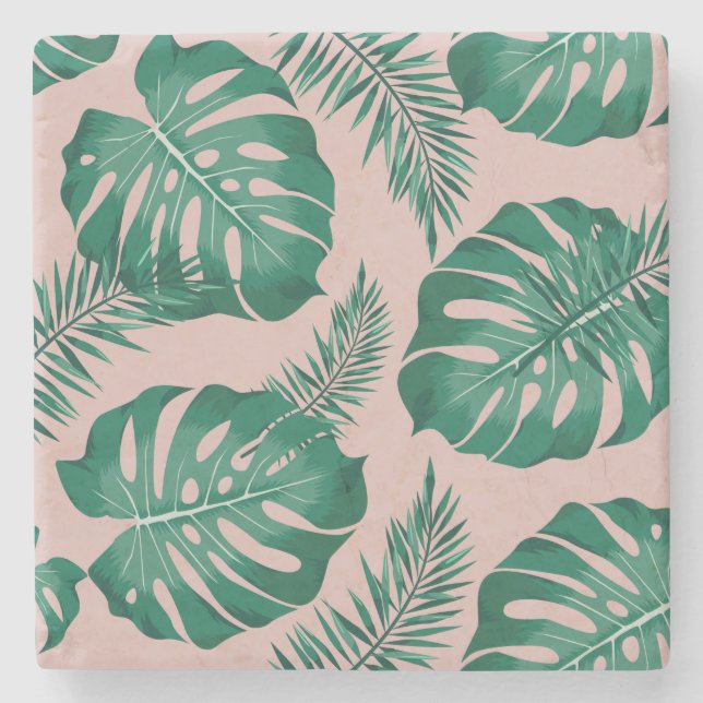 Tropical Pink & Green Palm Leaves Seamless Pattern Stone Coaster (Front)