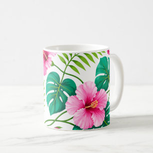Tropical Pink Hibiscus and Monstera Leaves Coffee Mug