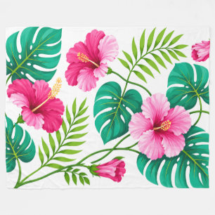 Tropical Pink Hibiscus and Monstera Leaves Fleece Blanket