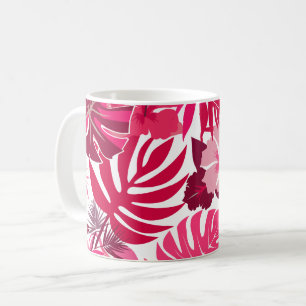 Tropical Pink Hibiscus and Monstera Leaves Pattern Coffee Mug