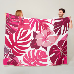 Tropical Pink Hibiscus and Monstera Leaves Pattern Fleece Blanket