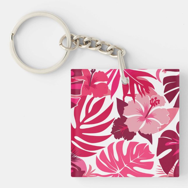 Tropical Pink Hibiscus and Monstera Leaves Pattern Key Ring (Front)