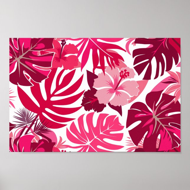Tropical Pink Hibiscus and Monstera Leaves Pattern Poster (Front)