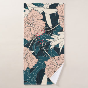 Tropical pink hibiscus, dark background bath towel
