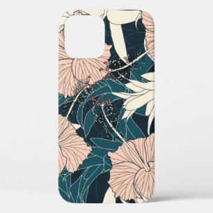 Tropical pink hibiscus, dark background iPhone 12 case