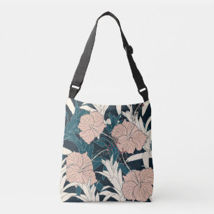 Tropical pink hibiscus, dark background crossbody bag