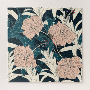 Tropical pink hibiscus, dark background jigsaw puzzle
