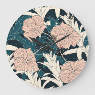 Tropical pink hibiscus, dark background large clock