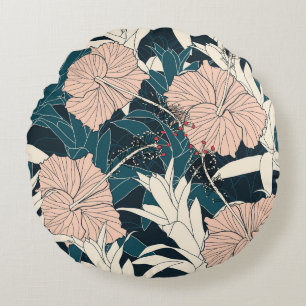 Tropical pink hibiscus, dark background round cushion