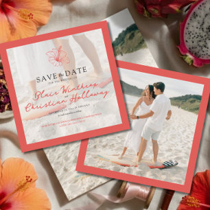 Tropical Pink Hibiscus Double Sided Photo Wedding Save The Date