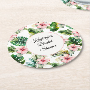 Tropical Pink Hibiscus Floral Bridal Shower Round Paper Coaster