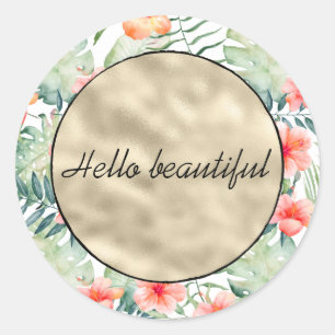 Tropical Pink Hibiscus Floral Gold   Classic Round Sticker