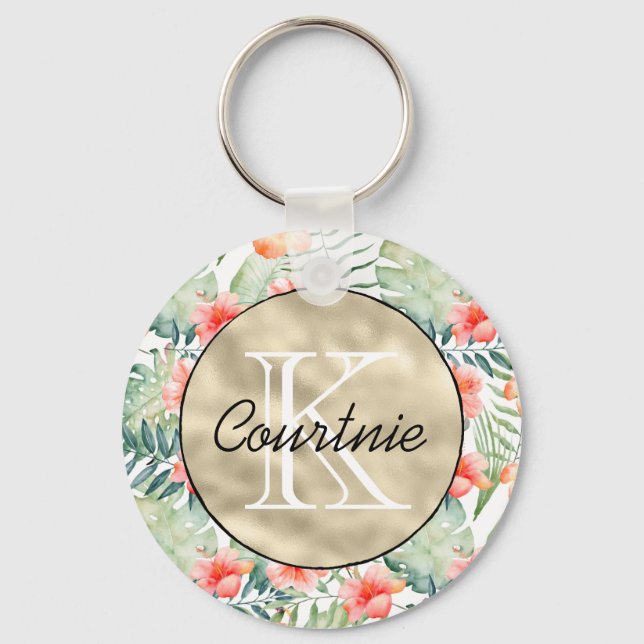 Tropical Pink Hibiscus Floral Gold Monogram     Key Ring (Front)