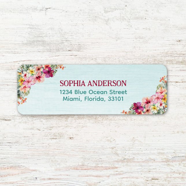 Tropical Pink Hibiscus Floral Return Address Label (Close up)