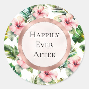 Tropical Pink Hibiscus Floral Wedding Classic Round Sticker