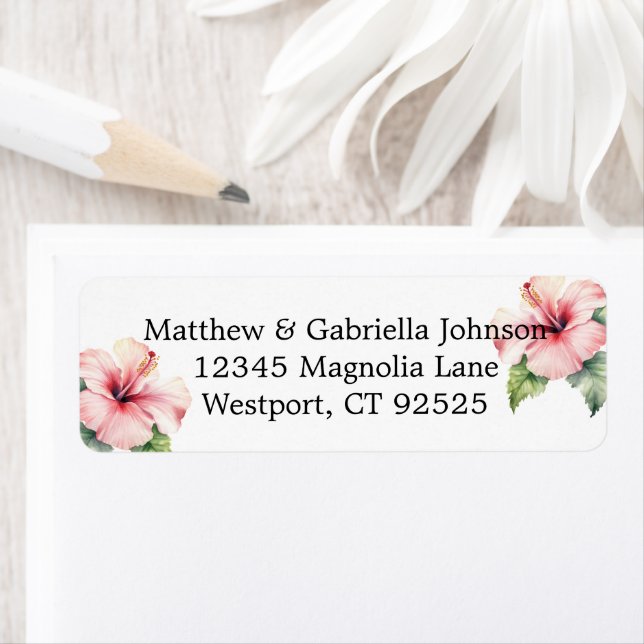 Tropical Pink Hibiscus Floral Wedding  Return Address Label (Insitu)