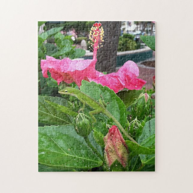 Tropical Pink Hibiscus Flower Camouflaged Lizard Jigsaw Puzzle (Vertical)