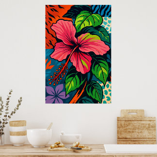 Tropical Pink Hibiscus Flower Pop Art Poster