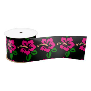 Tropical Pink Hibiscus Flower Thunder_Cove Satin Ribbon